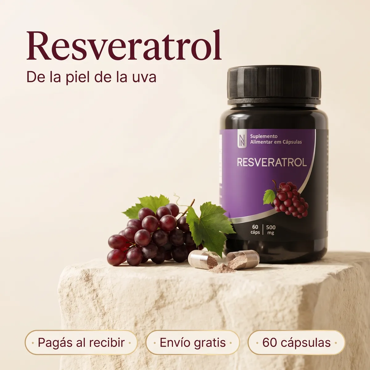Resveratrol 500 mg – El Antioxidante de la Uva · 60 Cápsulas — 1