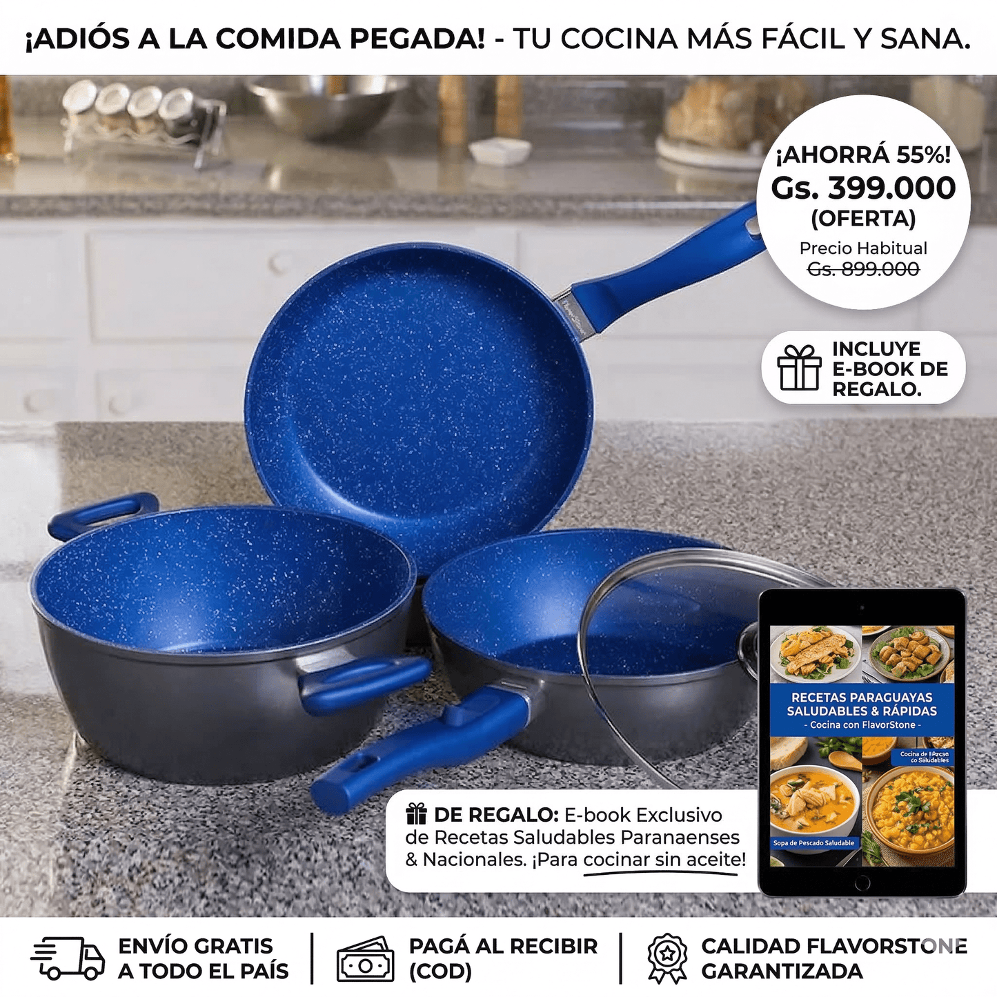 Master Set de Ollas y Sartenes FlavorStone Original - Antiadherente Sapphire - Mundo Paraguayo