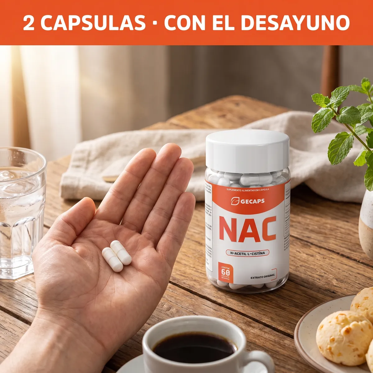 2 cápsulas de NAC con el desayuno